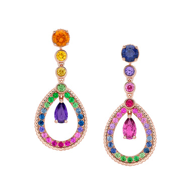 Faberge Colours of Love 18ct Rose Gold Amethyst Pink Sapphire Rainbow Tear Drop Earrings